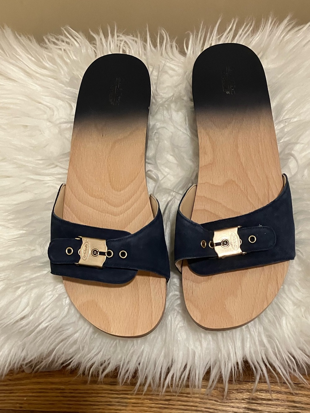 Dr. Scholl's Black Leather Stud Clogs with Wood-Look Sole